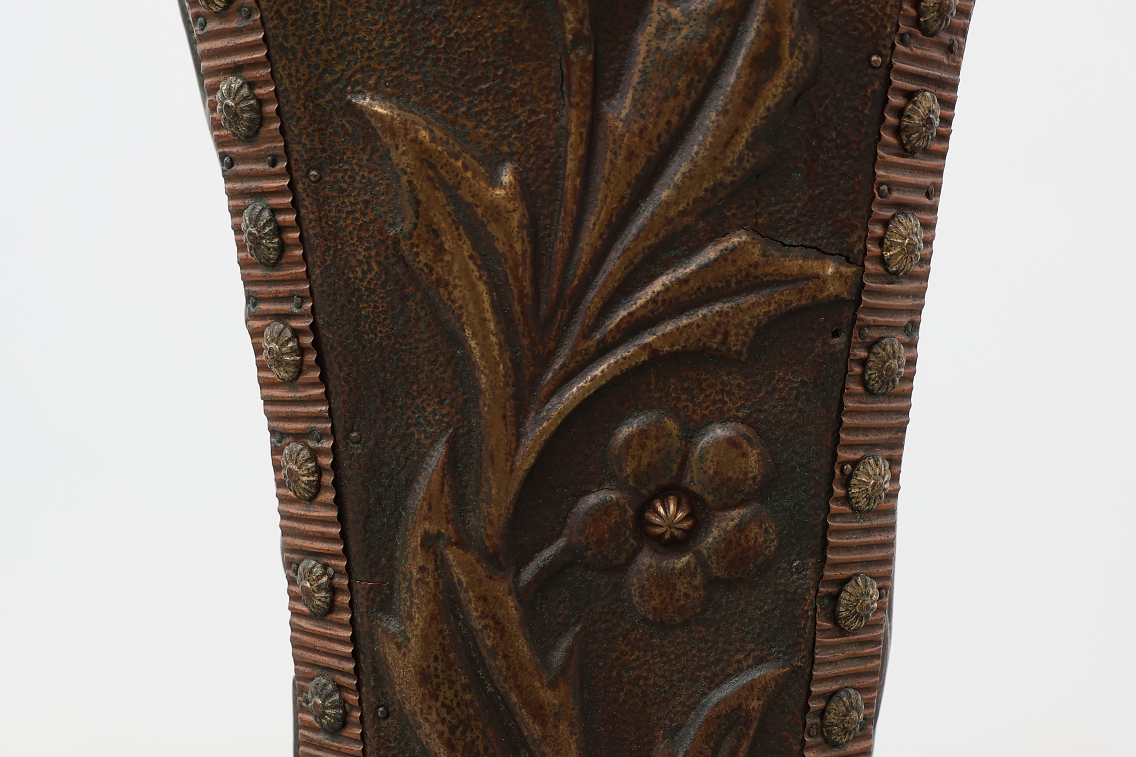 Art Nouveau floorlamp in hammered copper with frosted glass hood, Belgium ca. 1910thumbnail